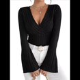 thumbnail image 2 of Camiseta de Larga Ajustada con Cuello en V Acanalado para Mujer, Top Informal de Moda con Mangas Acampanadas. Negro XL, 2 of 9