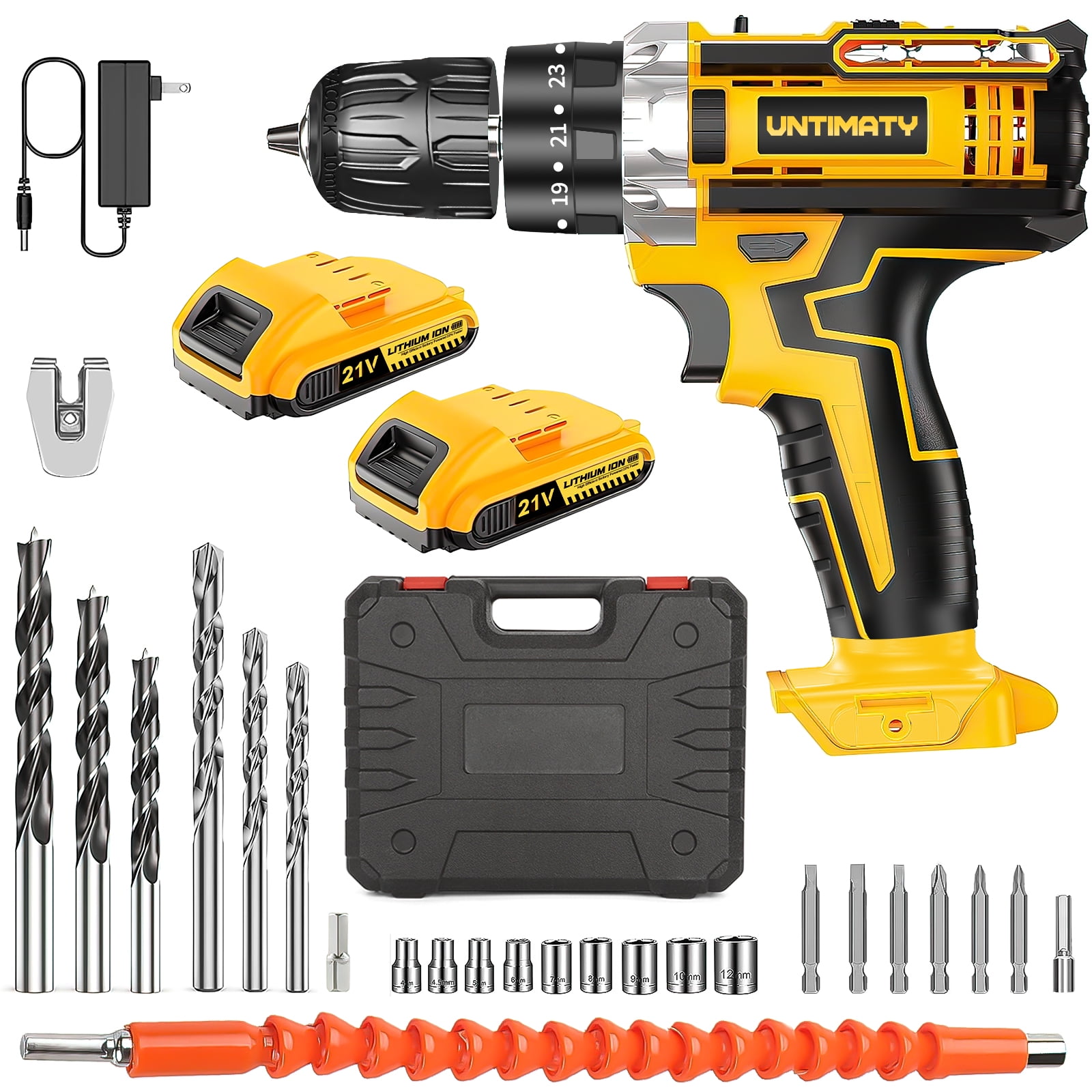 UNTIMATY 21V Cordless Power Drill Set, Power Drill Driver Kit with Lithium-ion Battery and Charger, 3/8-Inch Keyless Chuck, 2 Variable Speed, 25+3 Position and 33pcs Drill/Driver Bits