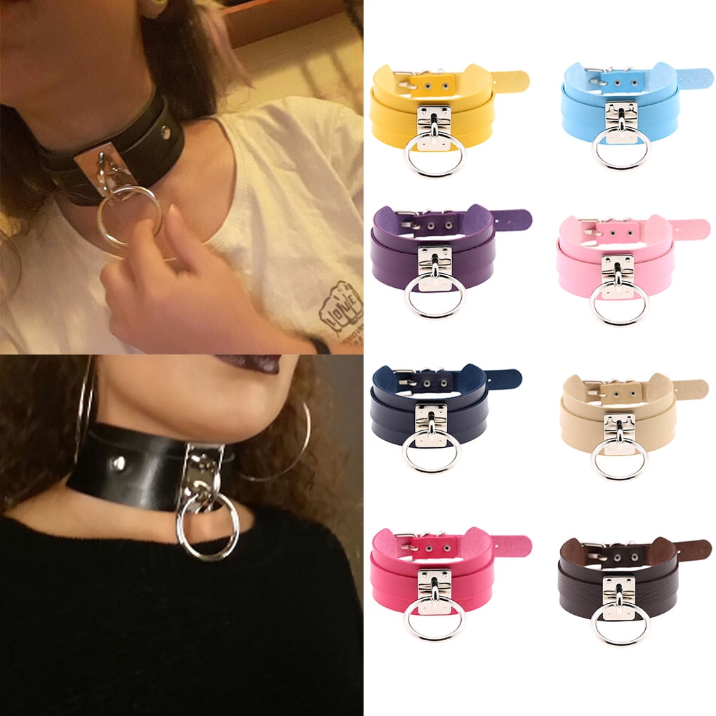 Xuxuan PU Leather Punk Rock Gothic Emo O-Ring Choker Collar Necklace Adjustable for Women Men