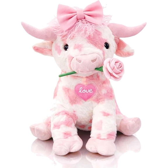 Adorable Pink Highland Cow Plush - Ultra Soft Kawaii Stuffed Animal, Jumbo Squeezable Valentine’s Day Gift for Her & Him, Cute Strawberry Cow with Rose