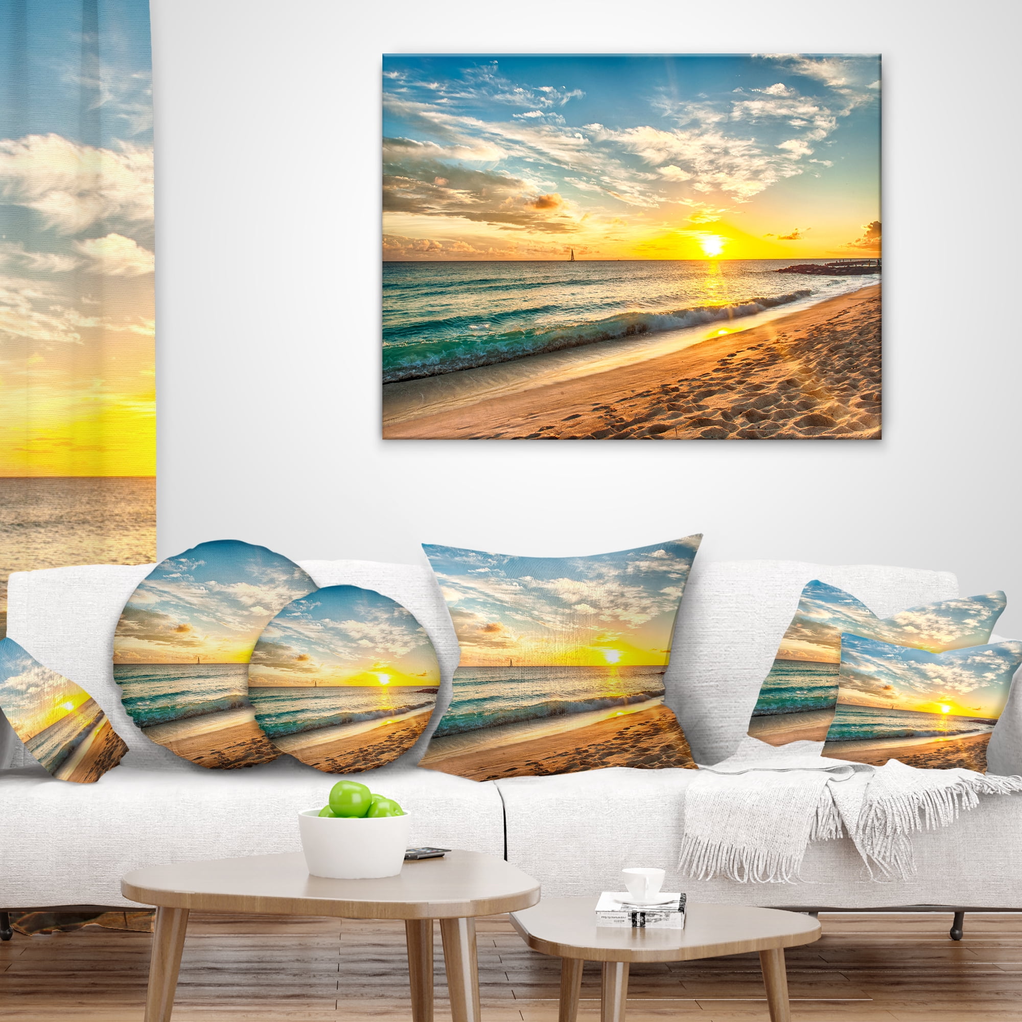 Designart White Beach in Island of Barbados - Modern Seascape Throw Pillow - 18x18