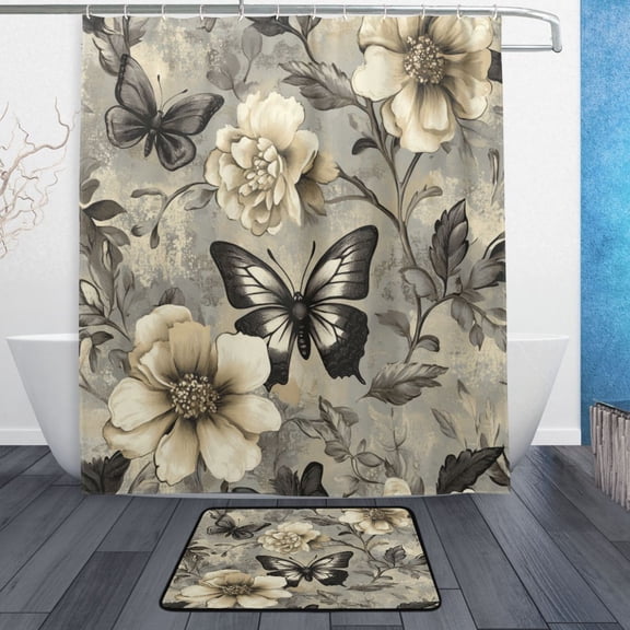 TTYFWHD 60" x 72" Shower Curtain and Bath Mat Set Vintage Floral Butterfly Wall Art Waterproof Bathroom Curtain with 12 Hooks, Bathroom Decor Set