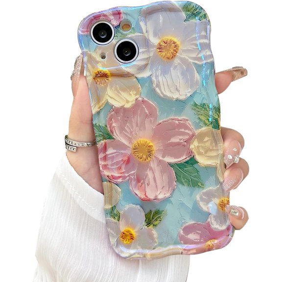for iPhone 13 Case for Women Girls, Cute Curly Wave Frame Shape, Colorful Retro Oil Painting Flower Laser Beam Glossy Pattern, Compatible with iPhone Case (iPhone 13, Blue)