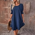 thumbnail image 4 of Vestido Corto Holgado con Mangas Abullonadas, Bajo con Volantes, Cuello Redondo y Fruncido, Color Azul Oscuro M, 4 of 10