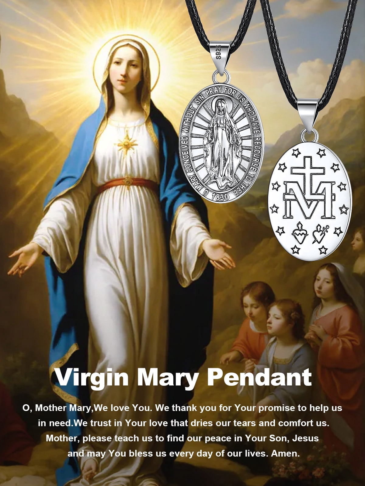 U7 Virgin Mary 925 Sterling Silver Medal Coin Pendant Leather Necklace for Women Men Religious Jewelry Gifts Protection for Her