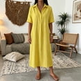 thumbnail image 2 of Women's Shirt Dresses Collared Short Sleeve Maxi Dress Breathable Relaxed Fit Vacation Resort Summer Dress Yellow XL, 2 of 5