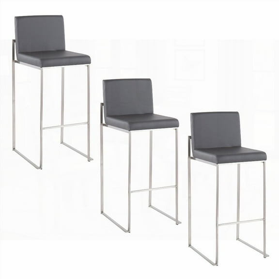Set of 3 Contemporary 30" High Back Barstools with Stainless Steel & Grey Faux Leather - Perfect for Dining Spaces