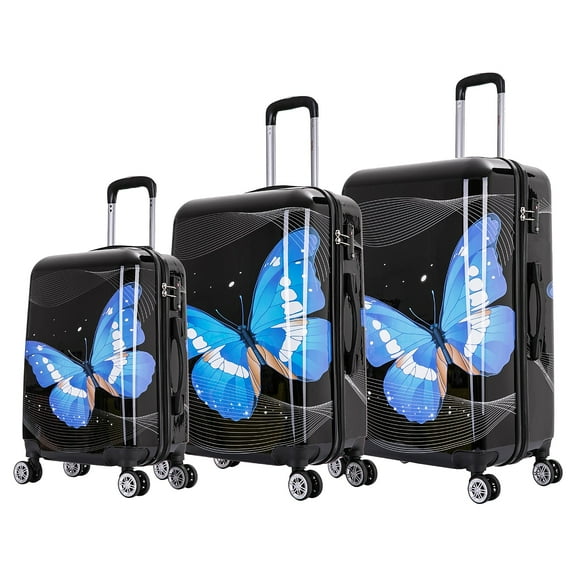 InUSA Print 3-Piece Hardside Luggage Sets with Spinner Wheels, Handle, Trolley, (20"/24"/28"), Black Butterfly