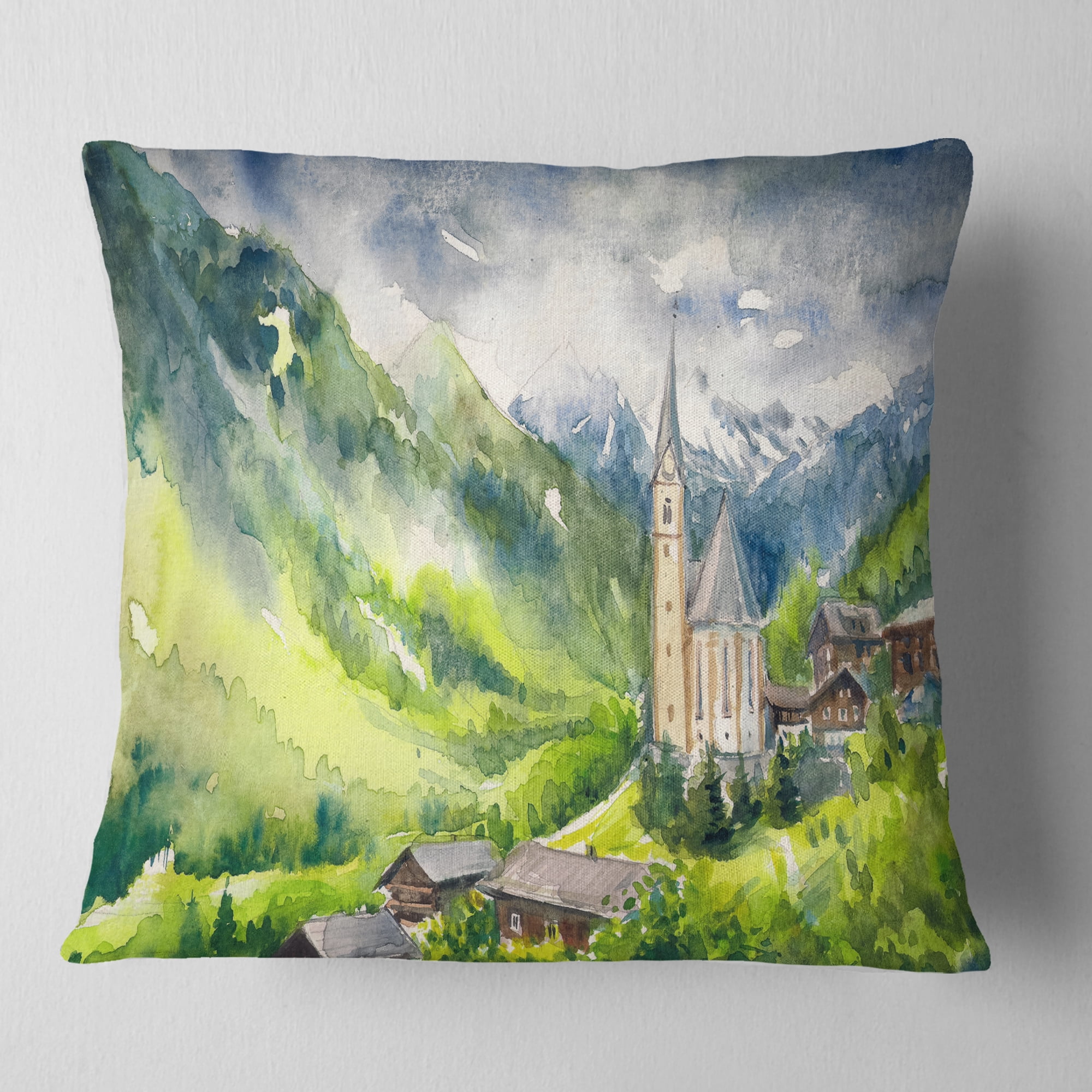 Designart Village Heiligenblut Watercolor - Landscape Painting Throw Pillow - 18x18