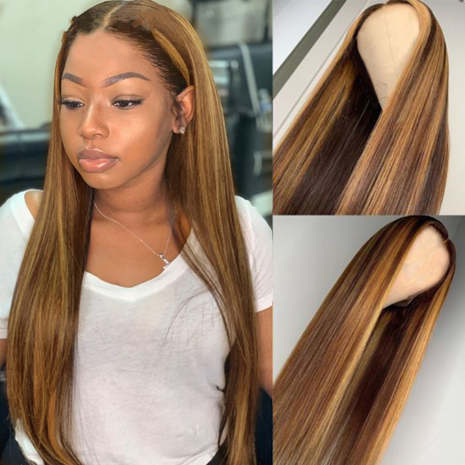 Women's Long Straight With Pre-Plucked Hair line Brown Human Hair Straight Wig