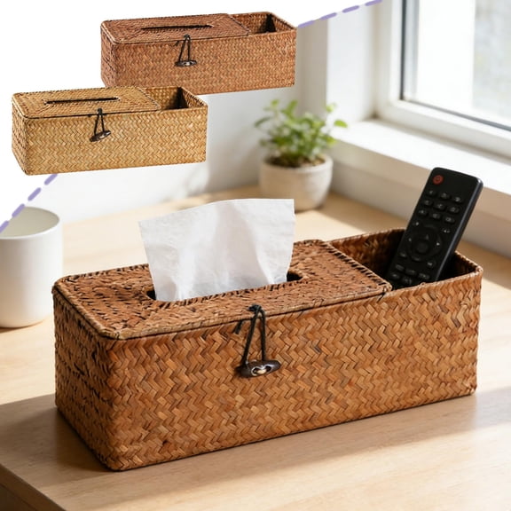 Woven Tissue Box Cover with Remote Control Holder, Wood and Straw Desktop Organizer for Living Room Coffee Table and Bedroom Storage