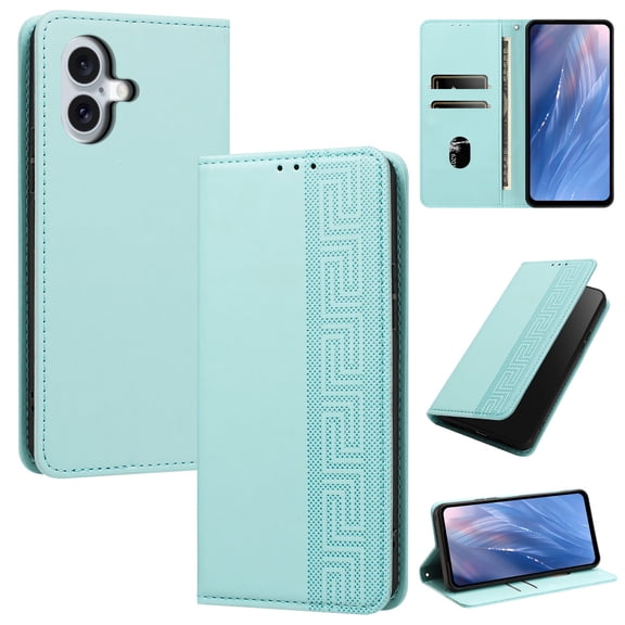 Feishell Wallet Case For iPhone 17, Premium PU Leather Flip Folio Cover with RFID Blocking Card Slots Cash Pocket Kickstand Wrist Strap Embossed Pattern Shockproof Phone Case,Green
