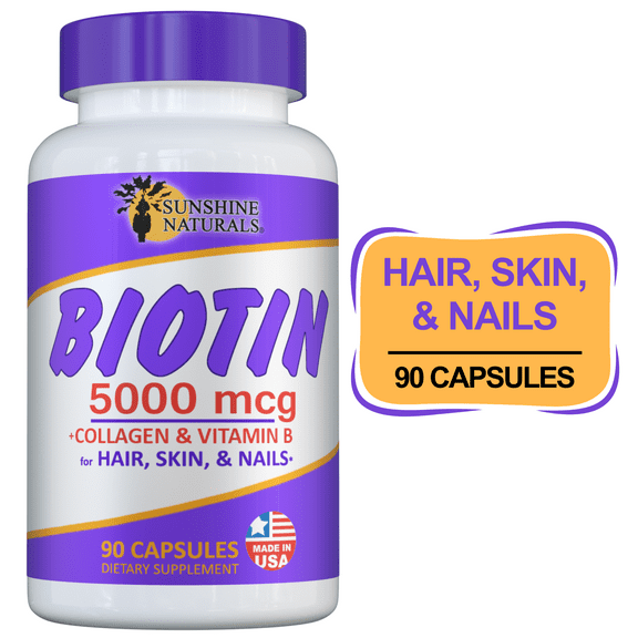 Sunshine Naturals Biotin 5000 Mcg Plus Collagen Supplement for Hair, Nails and Skin, 90 Capsules