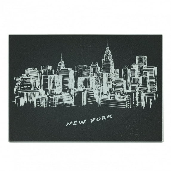 NYC Cutting Board, Modern and Metropolitan Hand Drawn City Buildings New York Calligraphy, Decorative Tempered Glass Cutting and Serving Board, in 3 Sizes, by Ambesonne