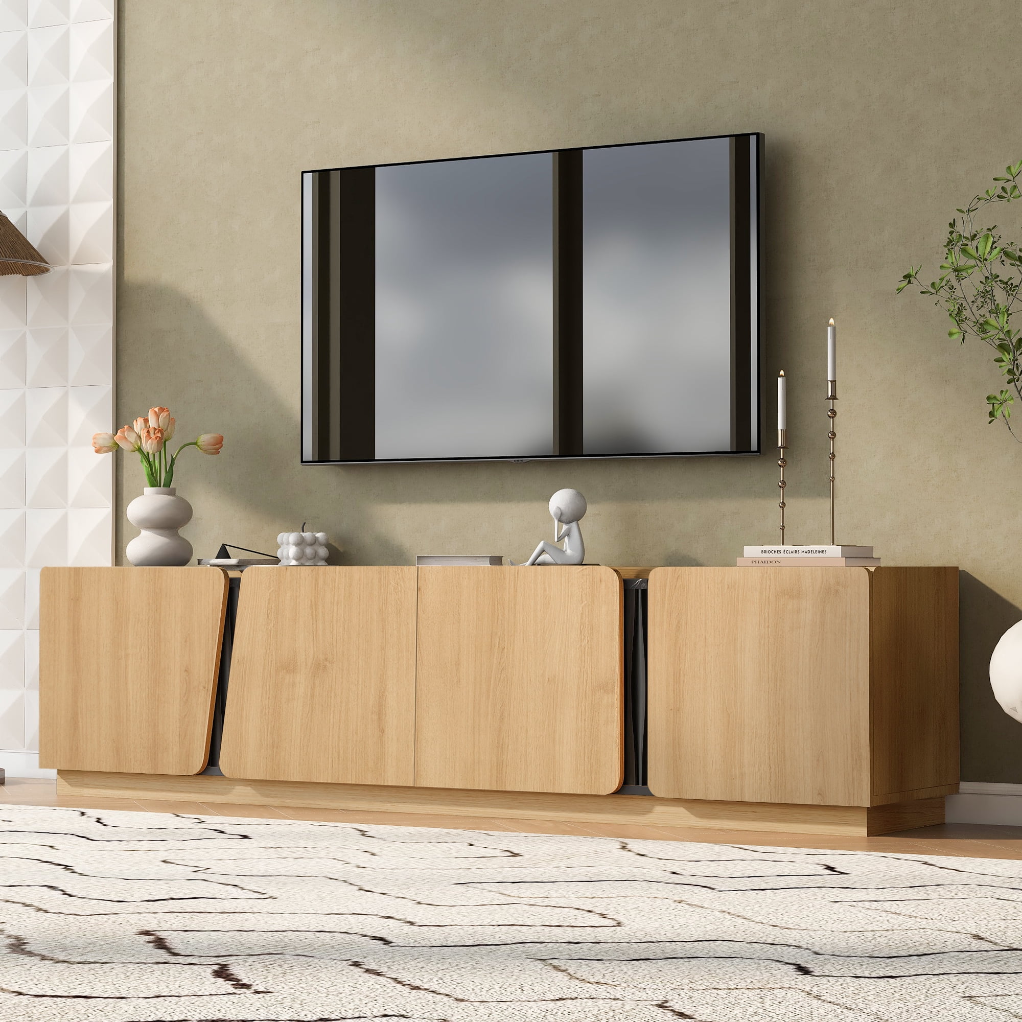 Modern Storage Cabinet with Rounded Corners and Marble Contrast Top, 75-Inch TV Stand with Adjustable Shelves for Living Room, Oak