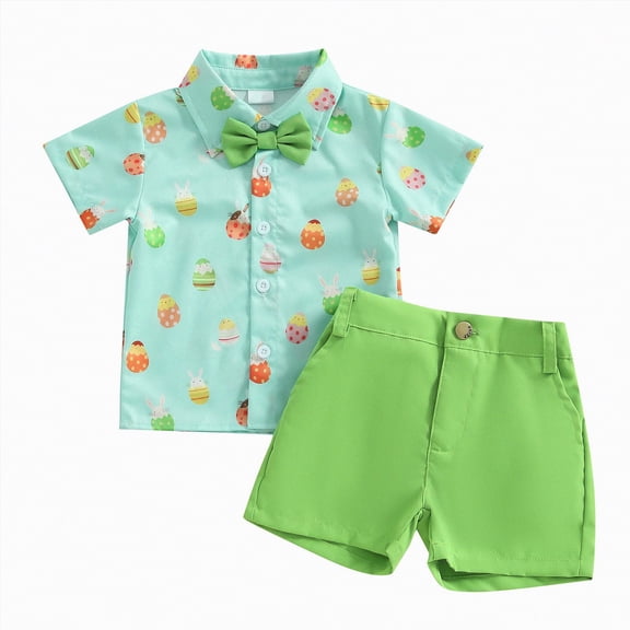 HCNTES Toddler Boys Easter Outfit Short Sleeve Cartoon Rabbit Prints T Shirt Shorts Kids Boy Outfits