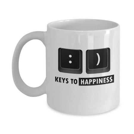 Keys To Happiness Funny Keyboard Pun Coffee & Tea Gift Mug Cup, Things And Office Supplies For A Typist, Computer Scientist, Software Engineer, Programmer, IT, Clerk & PC