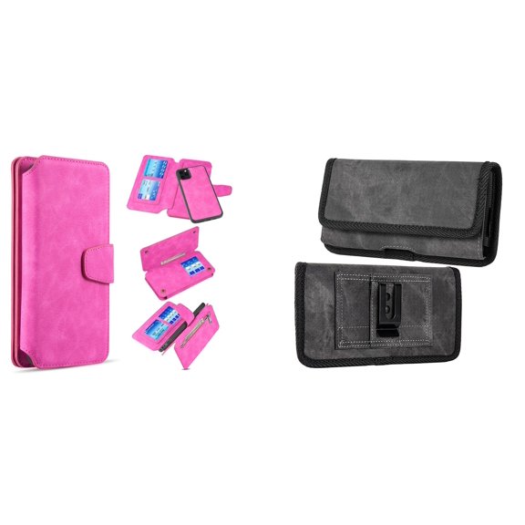 Clutch Wallet Detachable Case and Belt Holster Pouch for iPhone 14 Pro Max (Hot Pink/Gray)