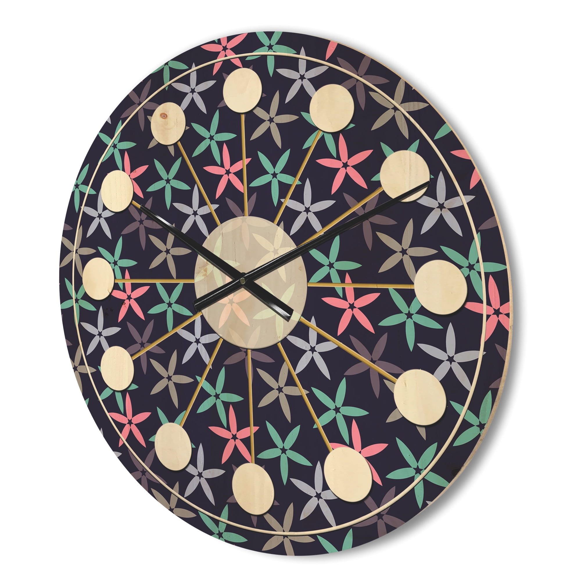 Designart 'Abstract Retro Flower Design V' Mid-Century Modern Wood Wall Clock