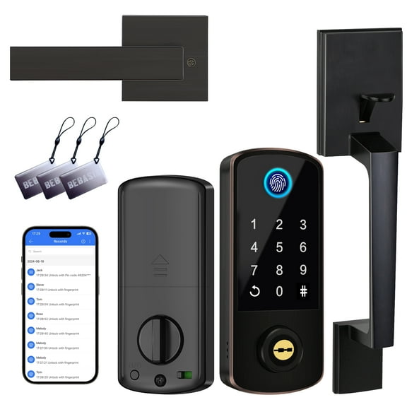 Keyless Entry Door Deadbolt with Handle Set, Fingerprint APP Smart Door Lock, Digital Keypad Bluetooth Deadbolt Lockset with Auto Lock Code Fob Aged Bronze