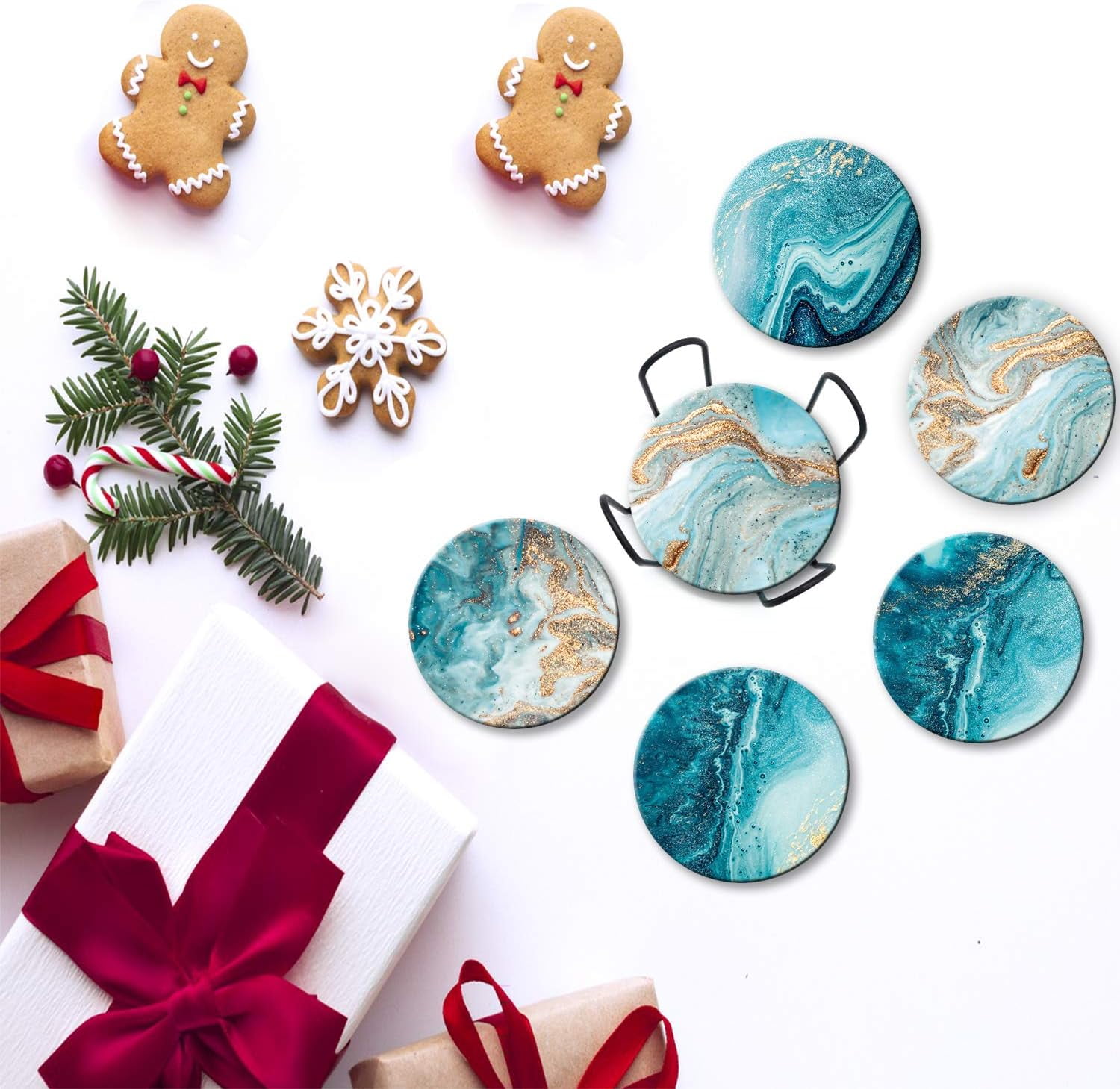 SUSWIM Drink Coasters with Holder, Absorbent Coaster Sets of 6, Marble Style Ceramic Drink Coaster for Tabletop Protection,Suitable for Kinds of Cups, Wooden Table, Cool Home Decor, 4 Inches