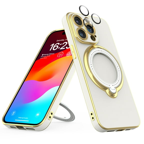 Venoro for iPhone 15 Pro Max/15 Pro/15 Plus/15 Phone Case with Screen Protector and Built-in Lens Protector Magnetic Plating Cover, White