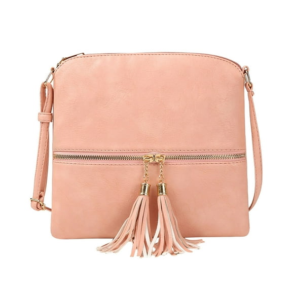 EnJoCho Ladies Fashion Solid Color Leather Large Capacity Adjustable Shoulder Belt Double Zipper Versatile Single Shoulder Tassels Messenger Bag Trendy Casual Crossbody Bags for Women Clearance