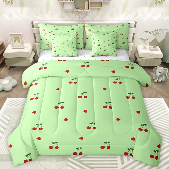 Manfei Green Cheryy Teens Bedding Comforter Set 7 Pieces, Cartoon Love Heart Full Bedding Set, Kawaii Princess Style Reversible Fitted Sheet Flat Sheet, Microfiber Bedroom Decor