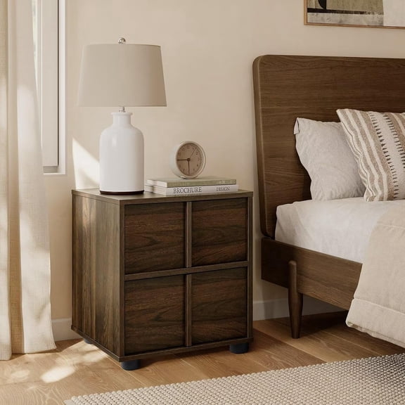21.6"H × 19.6"W × 15.7"D Dark Brown Walnut Nightstand with 2 Drawers, Double Drawer Wooden Bedside Storage End Table for Bedroom Living Room Office