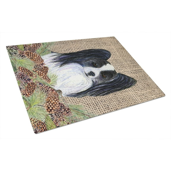 Carolines Treasures SS4094LCB Papillon on Faux Burlap with Pine Cones Glass Cutting Board Large, 12H x 16W, multicolor