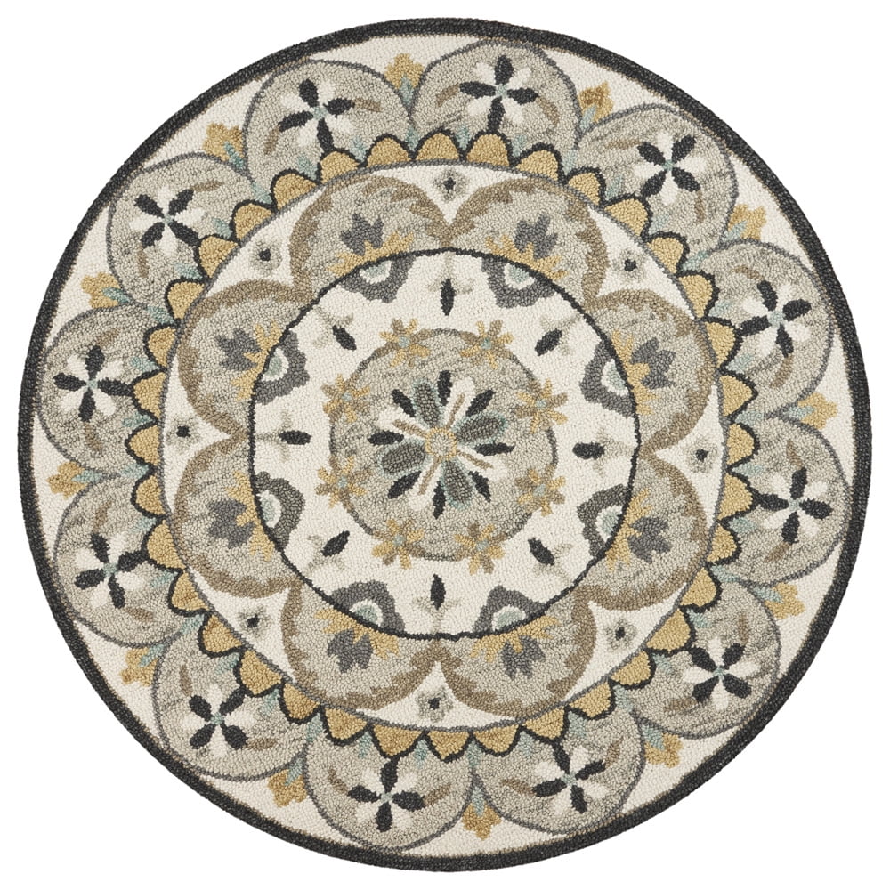 LR Home Hand Tufted Flower Border Medallion Ivory & Gray Wool 4 Ft