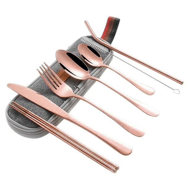 Juego de cubiertos al aire libre de color rosa dorado, NUEVA ACTUALIZACIÓN DE UTENSILIOS DE VIAJE, cuchillo, tenedor, cuchara, palillos, pajita