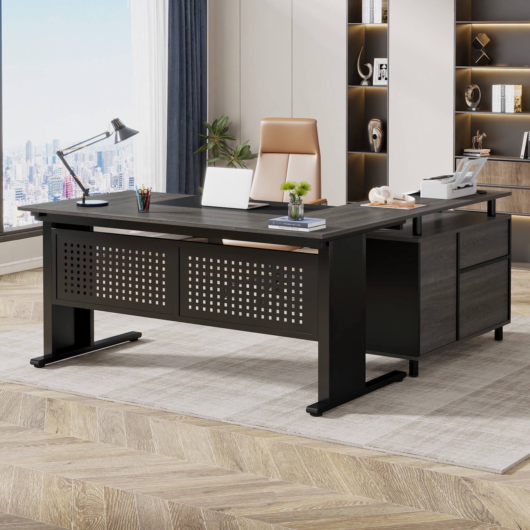 Tribesigns 63 Inch Executive Desk with File Cabinet, L Shaped Computer Desk with Drawers and Storage Shelves, Large Office Desk Business Furniture Desk Workstation for Home Office, Gray and Black