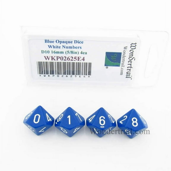 Blue Opaque Dice with White Numbers D10 16mm (5/8in) Pack of 4 Wondertrail
