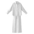 thumbnail image 3 of Uootdi Women's 2 Piece Matching Lounge Set Long Sleeve Oversized Button Down Shirt Drawstring High Waist Wide Leg Linen Pants Set, 3 of 6