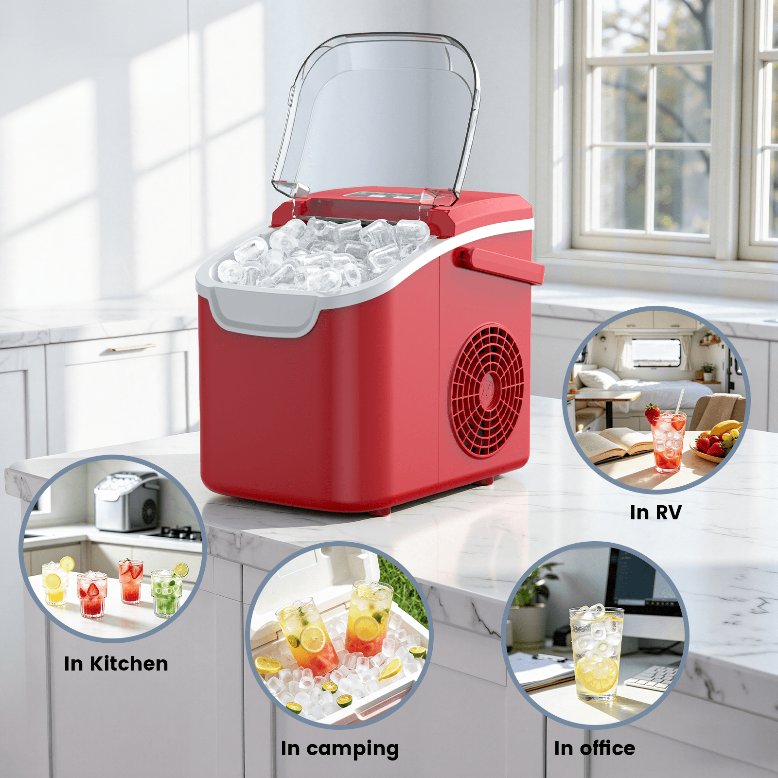 KNDKO Countertop Ice Maker Ice Machine With Handle,Self-Cleaning Ice Makers, 26Lbs/24H, 8 Ice Cubes Ready In 6 Mins For Home/Kitchen/Bar/Party/Camping