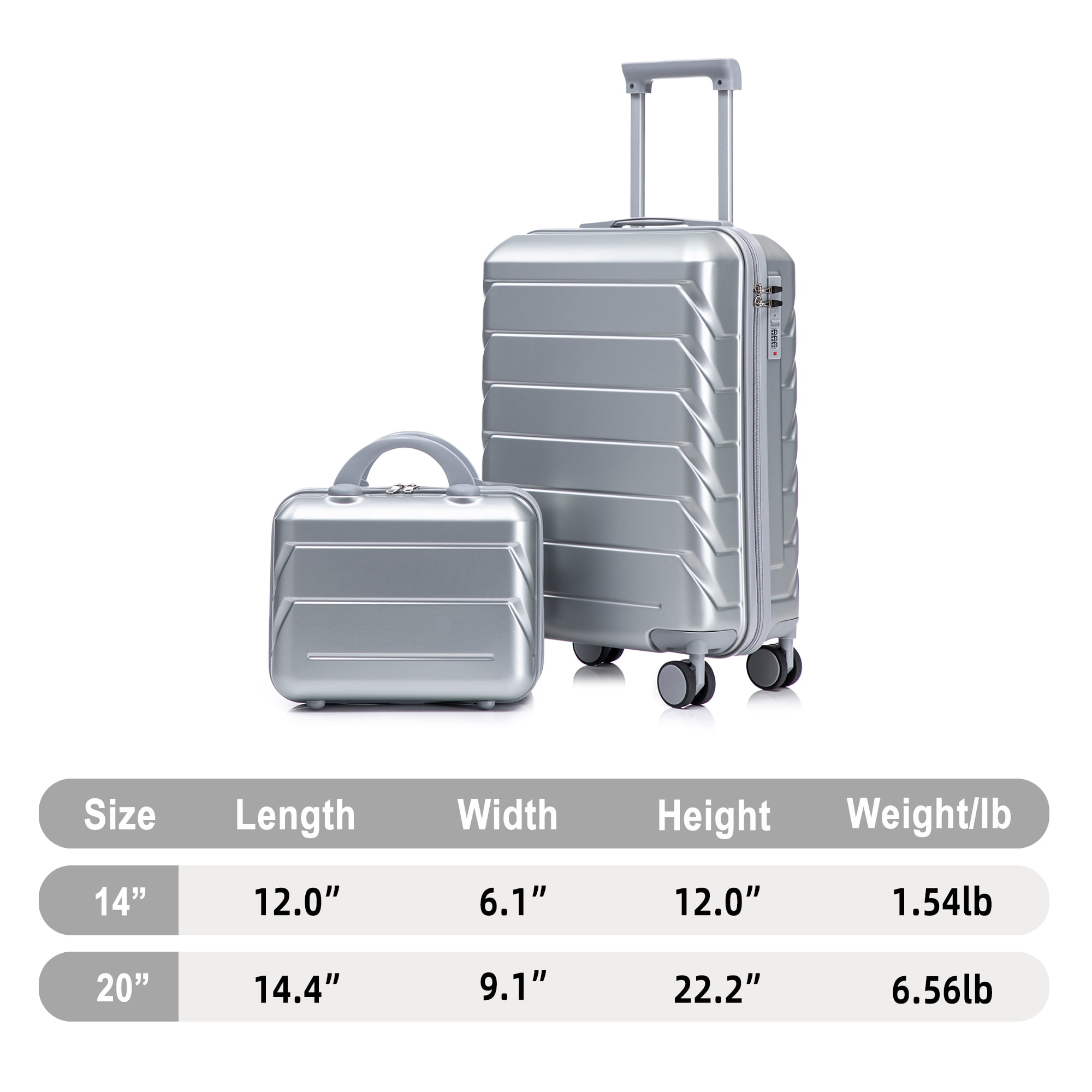 Alvantor 2 Pcs Luggage Set with Combination Lock, 20" ABS Spinner Suitcase & 14" Cosmetic Case, Silver