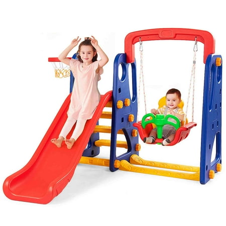 Goplus 3 in 1 Junior Children Climber Slide Swing Seat Basketball Hoop Playset Backyard