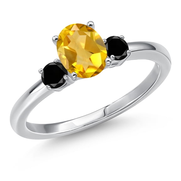 Gem Stone King 14K White Gold Yellow Citrine and Black Diamond Engagement Ring for Women | 0.95 Cttw | Oval 7X5MM | Gemstone November Birthstone | Size 7