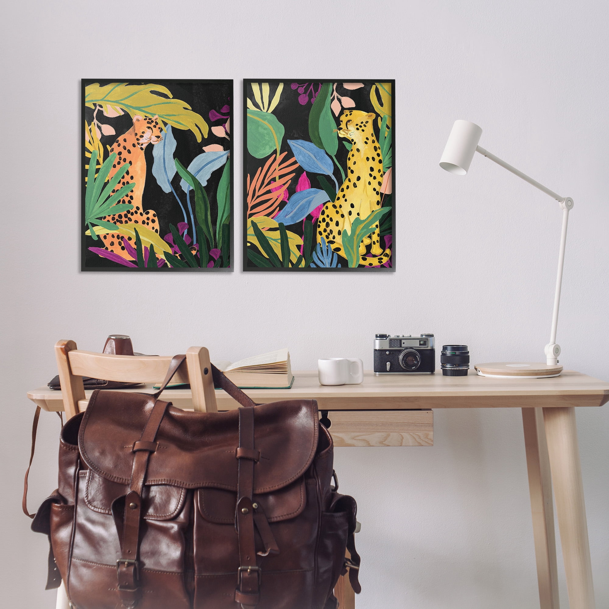 Stupell Industries Leopards & Tropical Leaves Animals & Insects Painting Black Framed Art Print Wall Art, 16 x 20, Set of 2