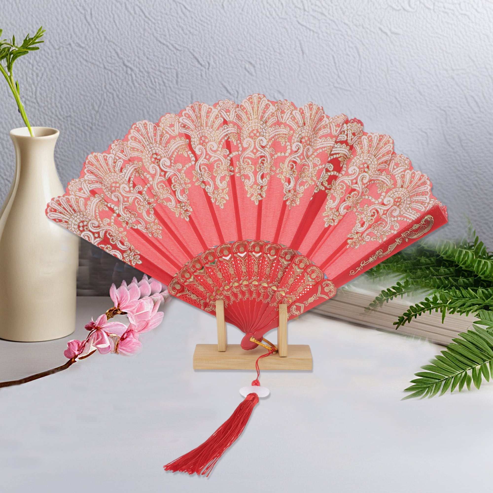 Unique Bargains Lucky Cloud Pattern Folding Fan 1 Pc for Summer Events Decorations Red
