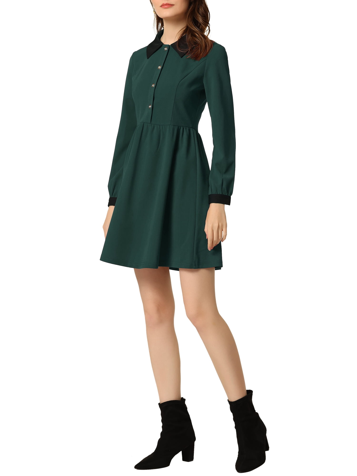 Unique Bargains Women's Peter Pan Collar Contrast Half Placket Swing Short Dress XL Dark Green