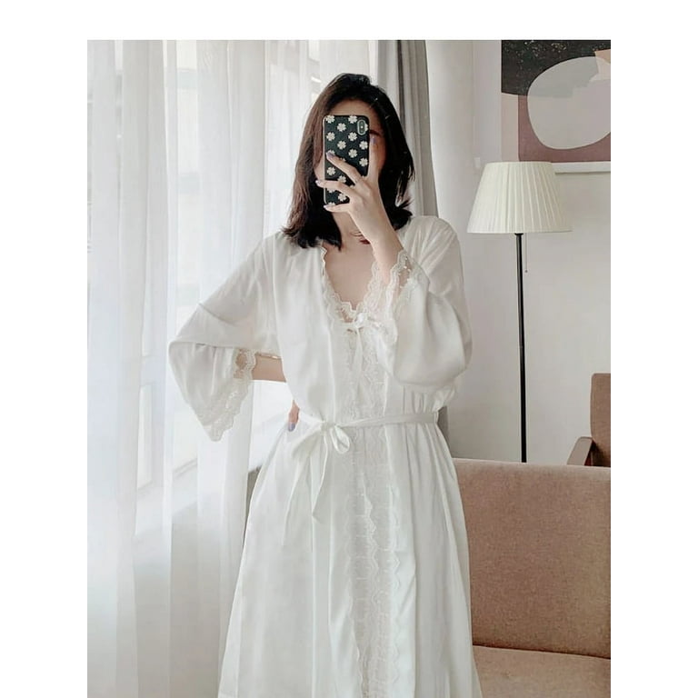 PIKADINGNIS Sexy Silk Robe Set Spring Summer Satin White Lace Sexy Nightgowns Bathrobe Women Pajamas Bath Rayon Robe Sleepwear Womens Dress Walmart