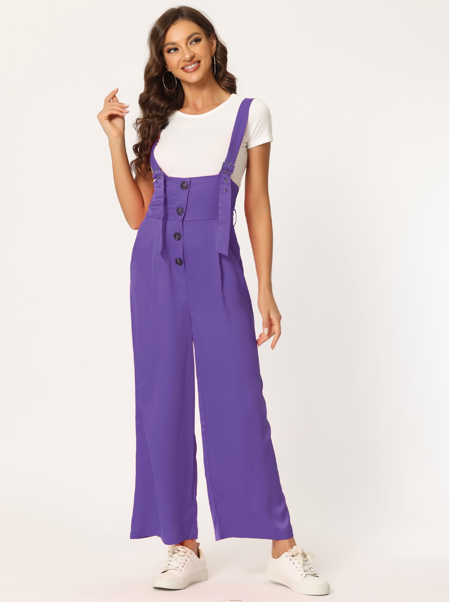 DARING DIVA Women's Button Front High Waist Belted Overall Jumpsuit M Grape