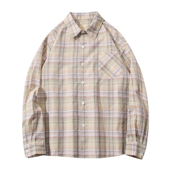LMKIHUSA Mens Plaid Cotton Jacket Casual Regular Fit Loose Shirts Long Sleeve Button Down Lapel Tshirts Checkered Lightweight Tops Yellow,XXL