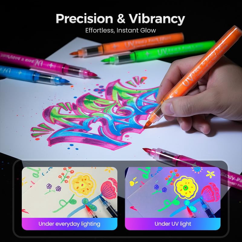 UV Neon Face Paint Markers 12 Colors, Glow in the Dark Body Paint Pens for Skin, Washable Temporary Tattoo Markers for Blacklight Parties Halloween Cosplay