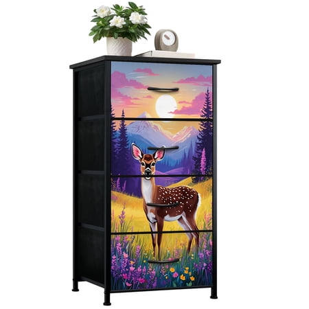 Western Dresser for Bedroom with 4 Storage Drawers Deer Vibrant Mountain Meadow Sunset Wildflowers Pine Trees Dressers Chest of Drawers Steel Framed Fabric Closet Organizers for Entryway