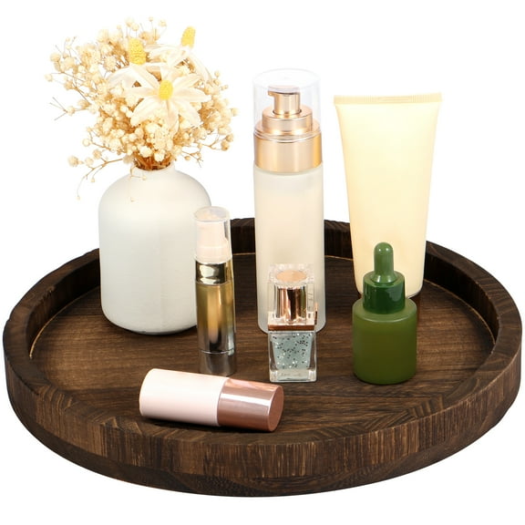Ghojet 30cm Round Tray Wood Serving Platter Vintage Round Dessert Plate Multipurpose Candle Holder Tray Decorative Tray for Table Centerpiece Kitchen Bathroom Decor