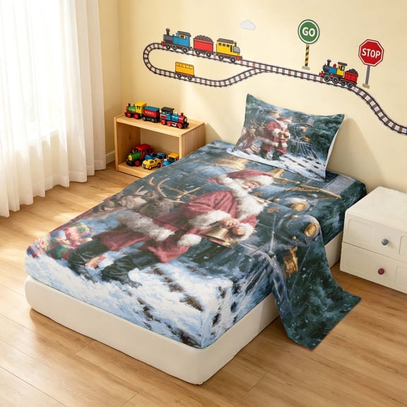 Erosebridal Christmas Train Twin Sheets, Santa Bedding, Christmas Santa 3-Piece (1 Flat Sheet, 1 Fitted Sheet and 1 Pillowcase)