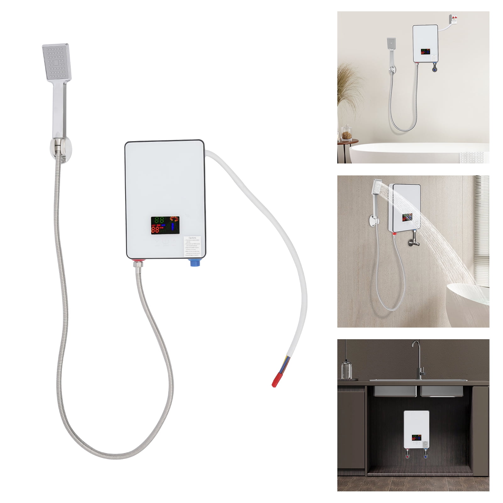 4500W Electric Water Heater with Shower Kit – Tempered Glass & Stainless Steel, Touch Screen Control – White for Bathrooms & Hotels